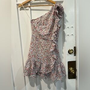 Vici One-Shoulder Floral Ruffle Dress - Red and Blue